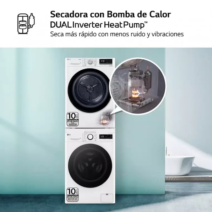 LG Torre de Lavado, Blanca, Lavadora inteligente 9kg, 1400rpm, 10% más eficiente que A + Secadora 8kg, C, TORRE0908KG.SET